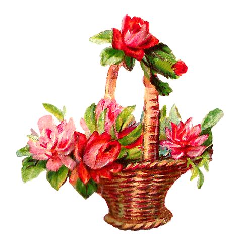 Antique Images Spring Flowers Red Pink Rose Basket Digital Downloads