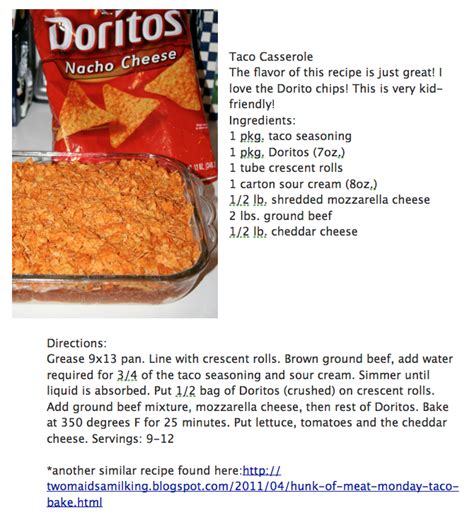 Finish baking uncovered until the cheese is bubbly and the edges of the doritos have started to. Dorito Taco Casserole - it was ok. Some of the Doritos on ...