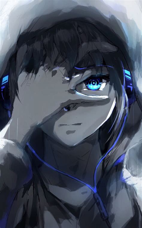 Download 1200x1920 Anime Boy Hoodie Blue Eyes Headphones Painting