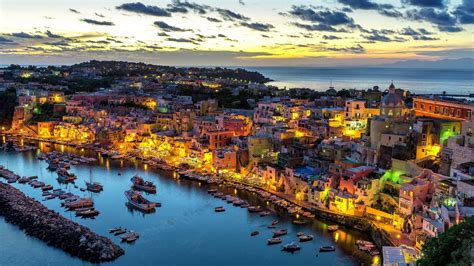 Naples Campania Procida Italy Lights Bay Landscape Sea Sunset Island