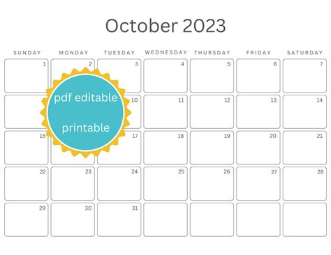 Editable And Printable October 2023 Calendar 2023 Simple Etsy Hong Kong