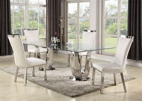 Contemporary Dining Set W Rectangular Glass Table White Chairs Chintaly Adelle Pc
