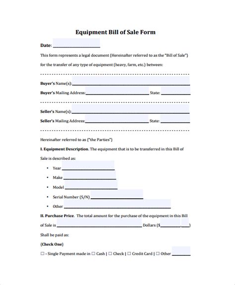 FREE 6 Sample Equipment Bill Of Sale Templates In PDF MS Word