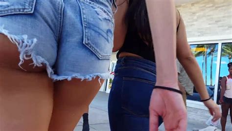 Candid Voyeur Hot Blonde Booty Shorts Witb Thick Friend