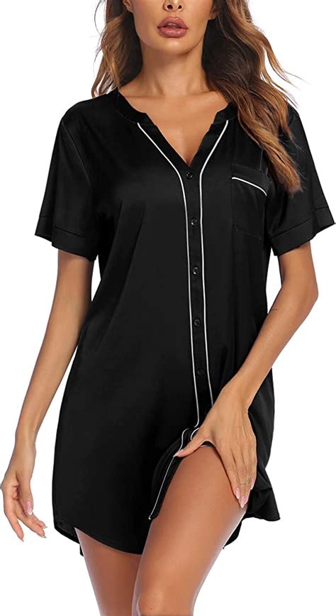 Ekouaer Womens Silk Satin Nightgowns Button Down Sleepshirt Short Sleeve Nightshirt Sexy V Neck