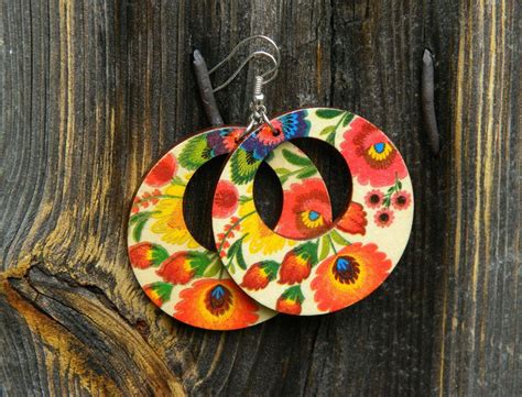 Polish Folk Art Earrings Folk Flowers Made In Poland Folklore Round Casual Earrings Colorful