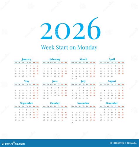 2026 Calendar With The Weeks Start On Monday Stock Vector