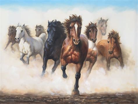 Beautiful Wild Horses Running 36 X 48 Hand Painted Oil Painting On