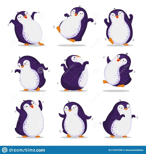 Set Of Cute Dancing Penguins In Different Poses Vector Illustration In