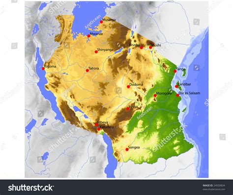 Tanzania Physical Vector Map Colored According Stock Vektorgrafik