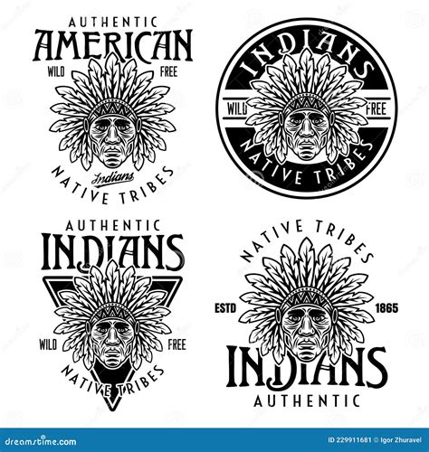 Native American Indians Set Of Four Vector Vintage Emblems Labels