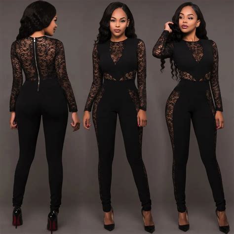 Long Sleeve Black Lace Jumpsuit Women Sexy See Through Mesh Bodycon Long Pants Romper Club Wear