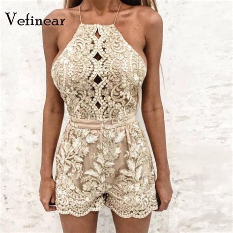vefinear sexy gold lace bodysuit women mesh jumpsuit rompers halter neck outfits one piece