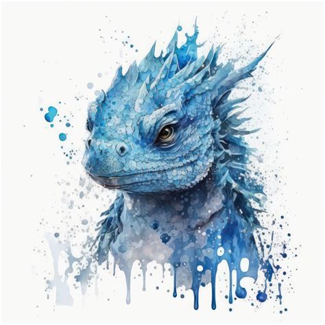 Watercolor Painting Of A Blue Dragon With Paint Splatters Stock