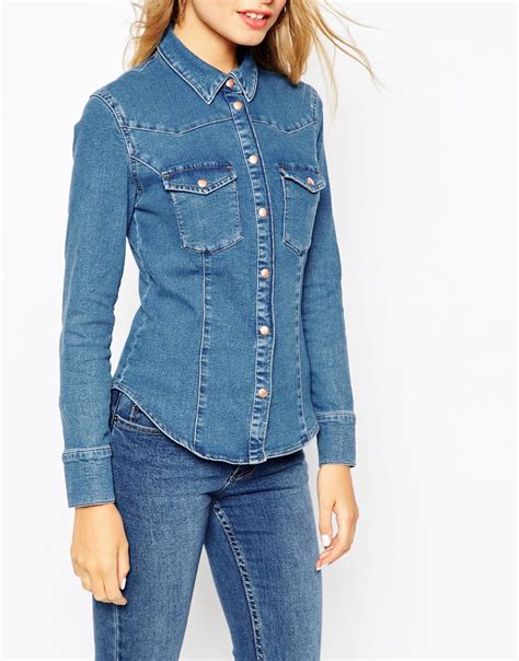 Lyst Asos Denim Fitted Western Shirt In Mid Wash Blue In Blue