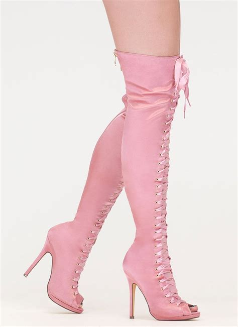 peep this satin lace up thigh high boots pink thigh high boots thigh length boots pink boots