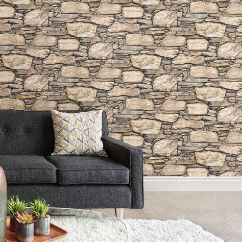 A peel and stick wallpaper is one which has an adhesive backing and installs to smooth wall or furniture surface like a giant sticker. NuWallpaper Hadrian Stone Wall Peel and Stick Wallpaper ...