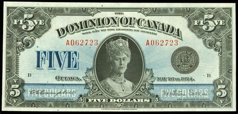 Dominion Of Canada 5 Dollars Banknote 1924 Queen Mary Canadian Money