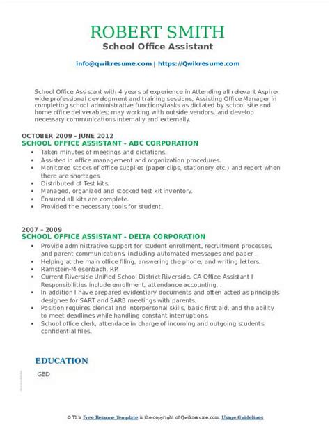 School Office Assistant Resume Samples Qwikresume