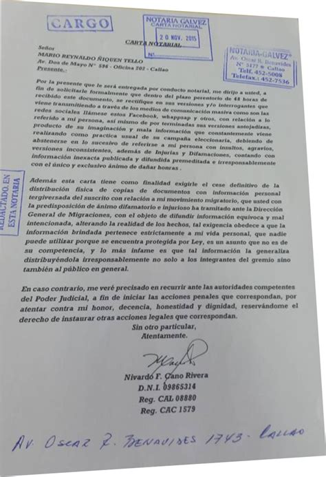 El Reportero Vecinal Dr Nivardo Cano RemitiÓ Carta Notarial Al Dr