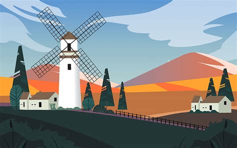 Windmill Digital Art Vector Landscape Hd Wallpaper Peakpx