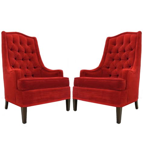 Excellent Pair Of Tufted Red Velvet Classic Regency Arm Or Club Chairs