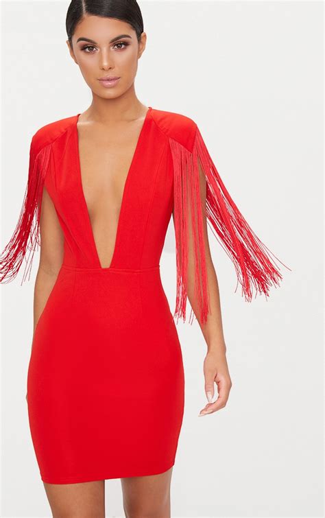 Red Tassel Shoulder Extreme Plunge Bodycon Dress Prettylittlething Aus