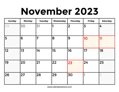 November 2023 Calendar With Holidays Calendar Options