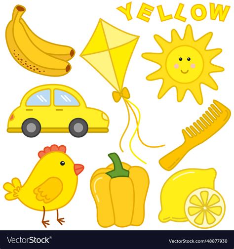 Yellow Color Flashcard With Different Objects Vector Image