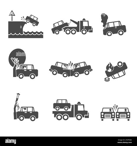 Black And White Car Accidents Icons With Tow Truck Street Light And