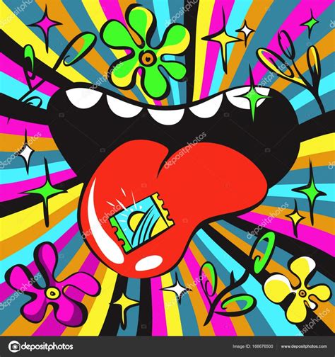 Lsd Psychedelic Illustration Acid Mark On Tongue Bright Colours Stock