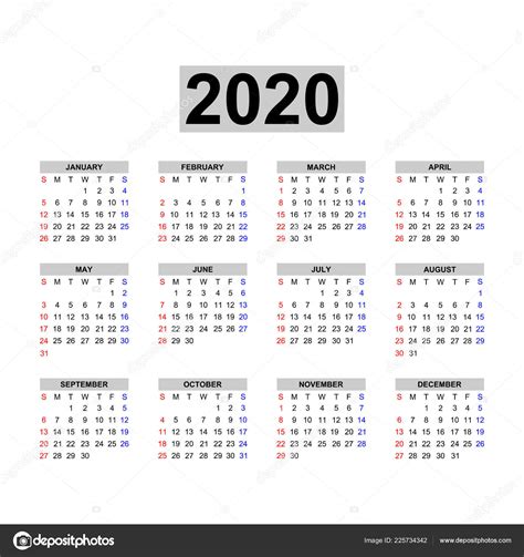 Plantilla Calendario 2020 Diseño Calendario Colores Blanco Negro Vacaciones Colores — Vector De