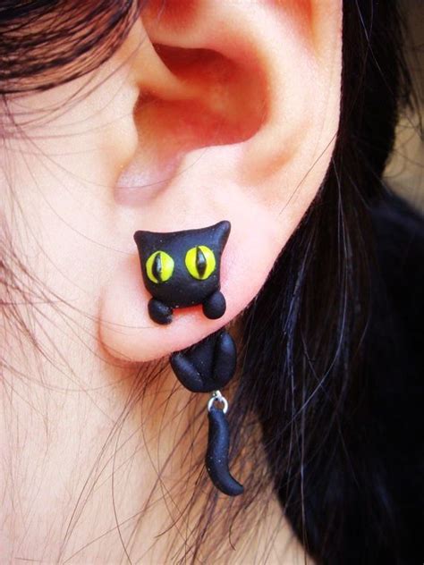 Clinging Cute Black Cat Two Part Earrings Made To Order Fun Earrings