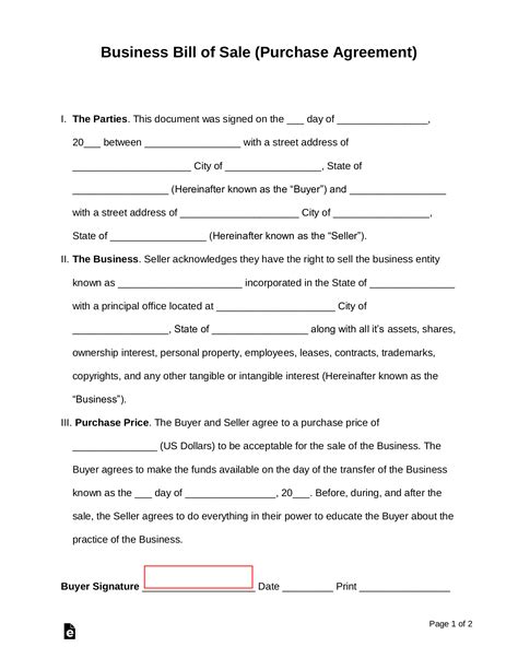 Free Business Bill Of Sale Form Pdf Word Eforms