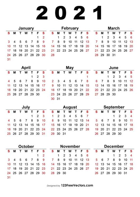 Free 2021 Calendar One Page Calendar 2019 Printable Printable Yearly