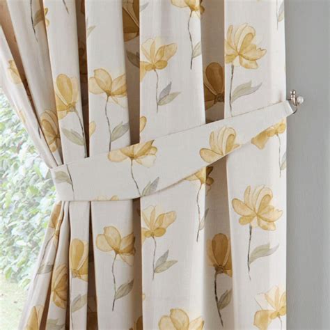 Ochre Tape Top Curtains Floral Print Ready Made Lined Pencil Pleat