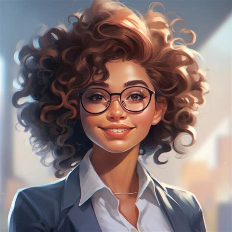 Premium Ai Image A Happy Curly Hair Business Girl Wearing Glasses Generative Ai