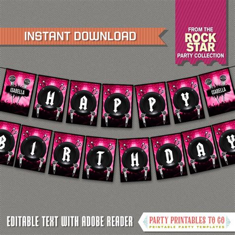Rockstar Party Printable Birthday Banner With Spacers Pink Etsy