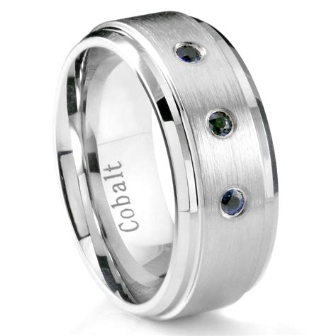 Cobalt Chrome 8mm 3 Blue Sapphire Wedding Band Ring W Stepped Edges In Mens Blue Sapphire Wedding Bands 