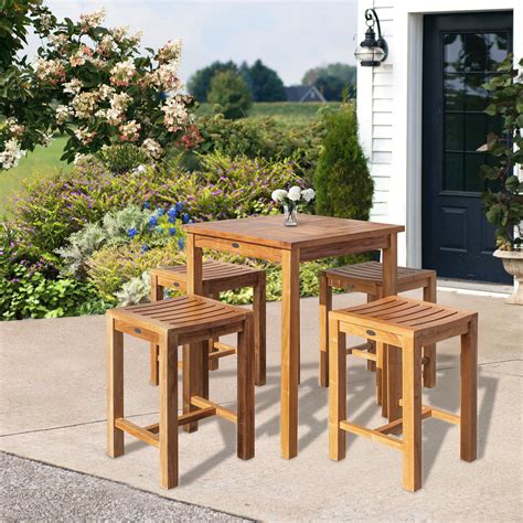 5 Piece Teak Wood Seville Small Counter Height Patio Bistro Set 4 Cou