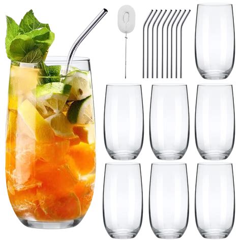 buy highball glasses set tall drinking cups set of 8 clear water glass tumblers with straws 16