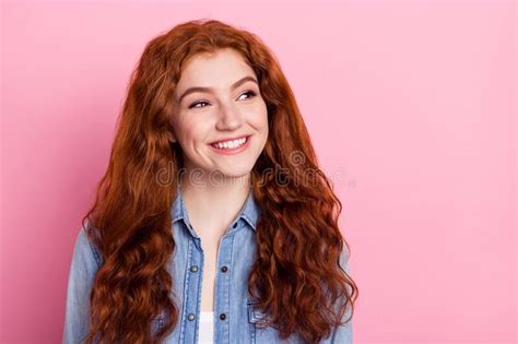 Photo Of Funny Sweet Young Woman Wear Denim Shirt Looking Empty Space