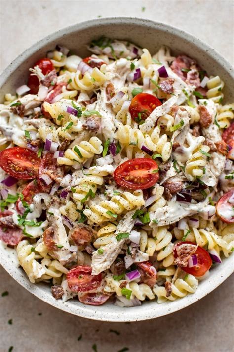 For a festive feel resembling holly try topping the salad with fanned avocado slices and a fresh cherry tomato, halved. Chicken Ranch Pasta Salad • Salt & Lavender