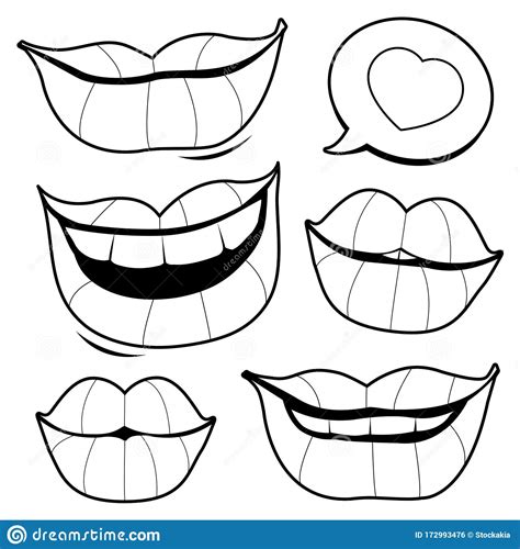 smiling lips vector black  white coloring page stock vector illustration  lips outline