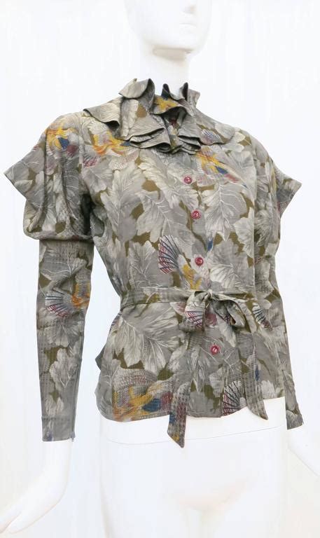 1970s Emanuel Ungaro Floral And Fauna Silk Ruffle Blouse With Dramatic