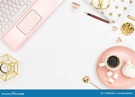 Stylish Flatlay Frame Arrangement With Pink Laptop Coffee Milk Holder Planner Glasses And