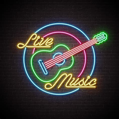 Live Music Neon Sign With Guitar And Letter On Brick Wall Background
