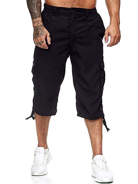 mens checked 3 4 elasticated waist long shorts cargo combat zip fly m 3xl kleidung and accessoires