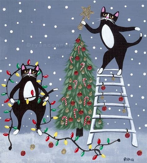 Christmas Tree Cats Original Folk Art Painting By Kilkennycatart