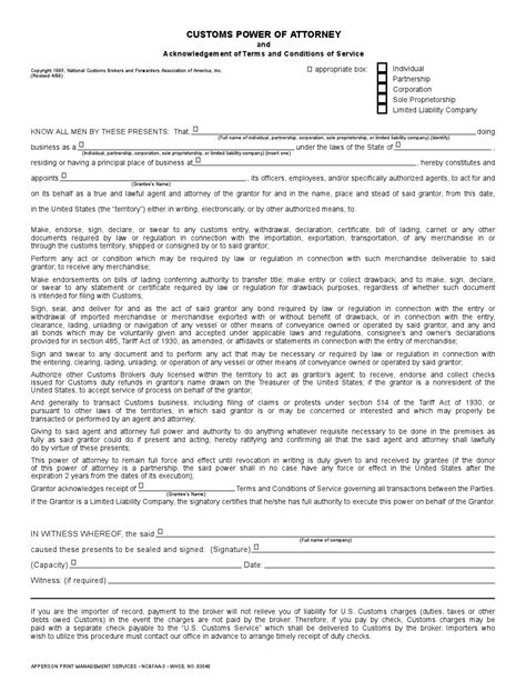 Free Customs Power Of Attorney Template